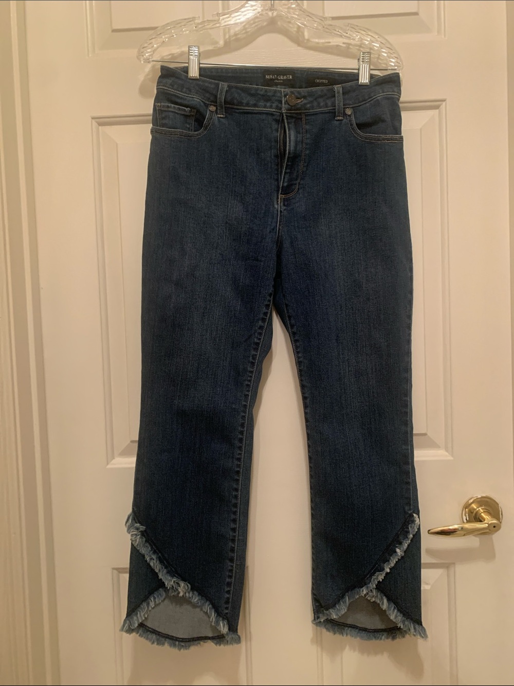 Susan Graver Dark Blue Cropped Jeans with Frayed Asymmetrical Hem
